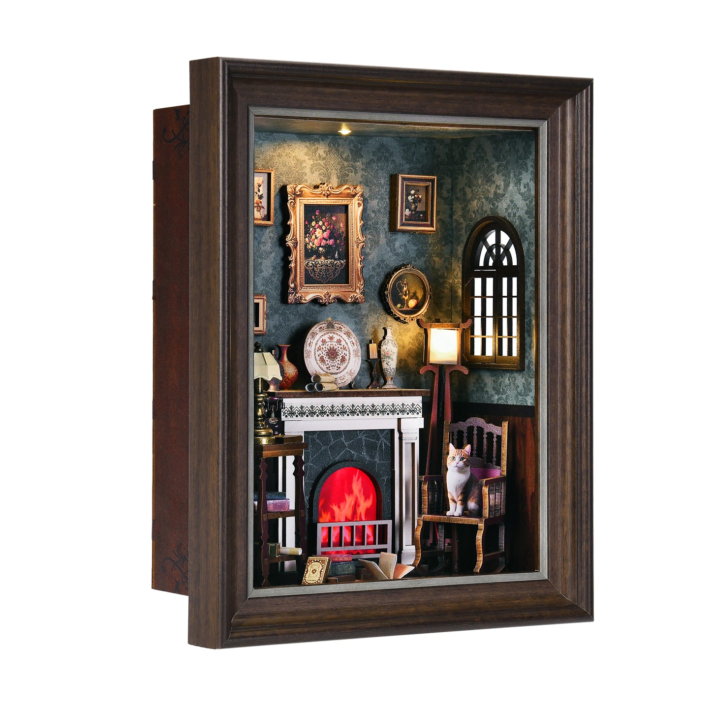 Book Nook Kit - 3D Wooden Puzzle with LED Switch Control & Wall-Mountable Frame,DIY Miniature House for Beginners,Bookshelf/Tabletop/Wall Decor for Craft Lovers,Dollhouse Gift (Fireplace)
