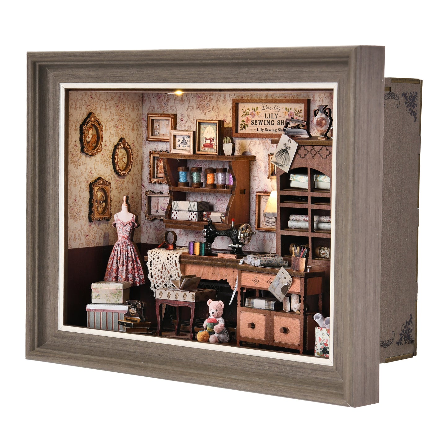 Book Nook Kit - 3D Wooden Puzzle with LED Switch Control & Wall-Mountable Frame,DIY Miniature House for Beginners,Bookshelf/Tabletop/Wall Decor for Craft Lovers,Dollhouse Gift (Lily Sewing Shop)