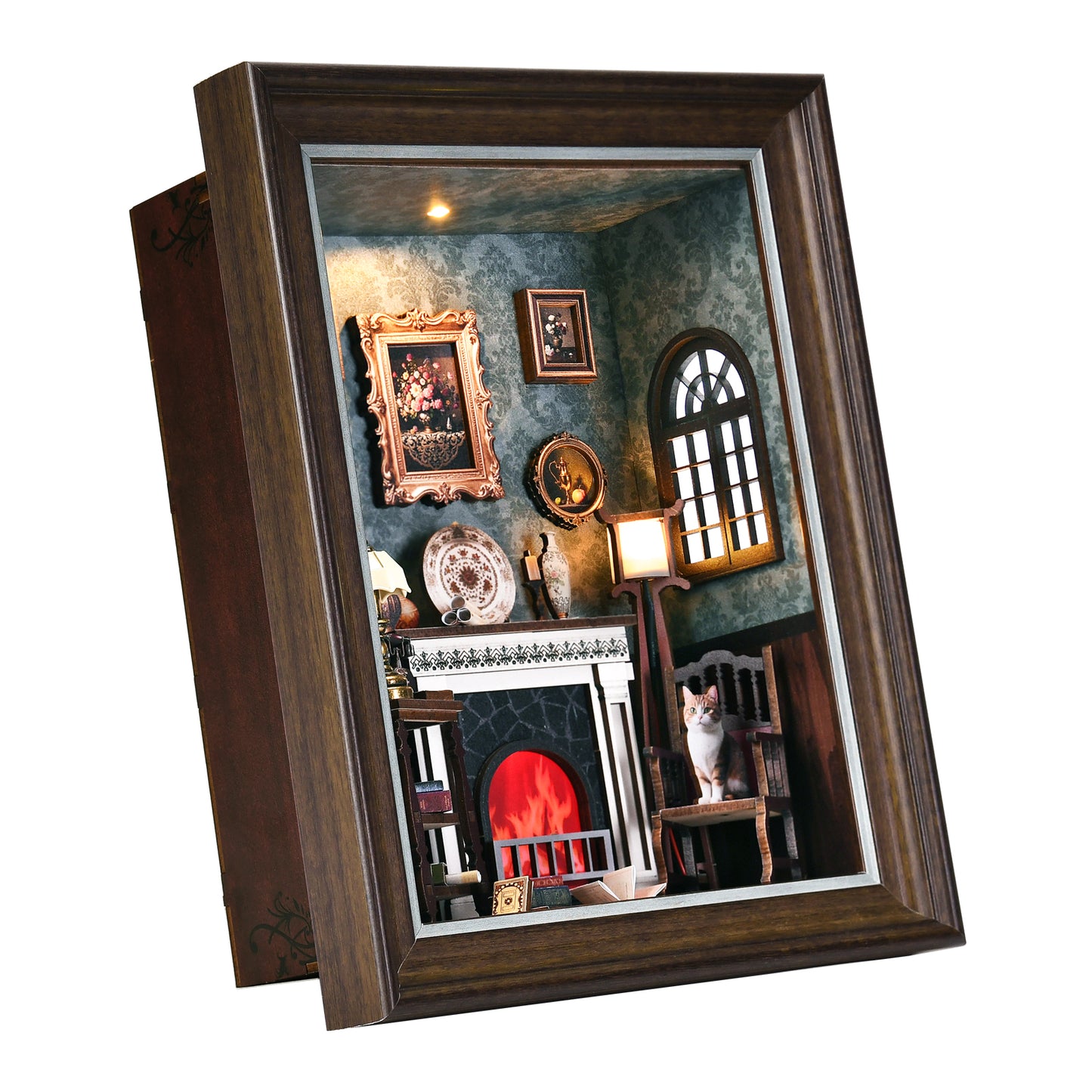 Book Nook Kit - 3D Wooden Puzzle with LED Switch Control & Wall-Mountable Frame,DIY Miniature House for Beginners,Bookshelf/Tabletop/Wall Decor for Craft Lovers,Dollhouse Gift (Fireplace)