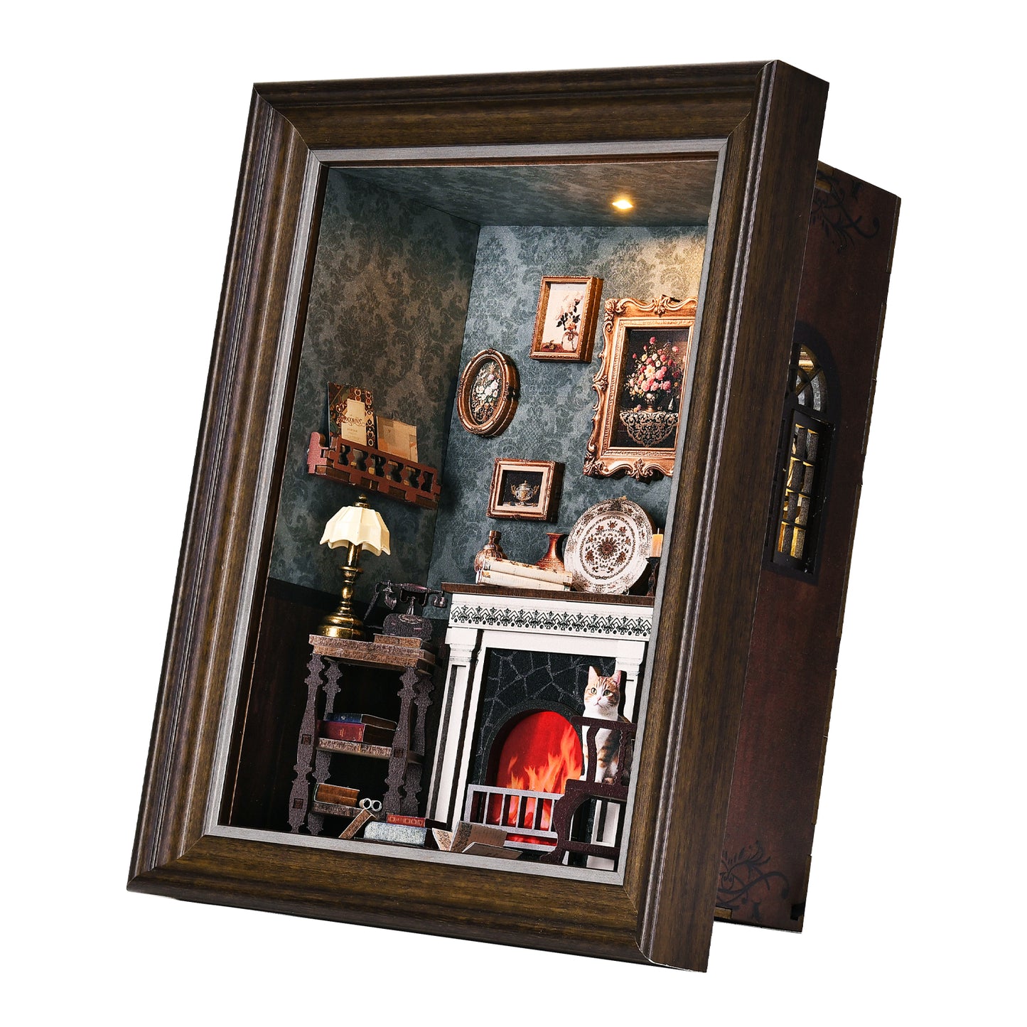 Book Nook Kit - 3D Wooden Puzzle with LED Switch Control & Wall-Mountable Frame,DIY Miniature House for Beginners,Bookshelf/Tabletop/Wall Decor for Craft Lovers,Dollhouse Gift (Fireplace)