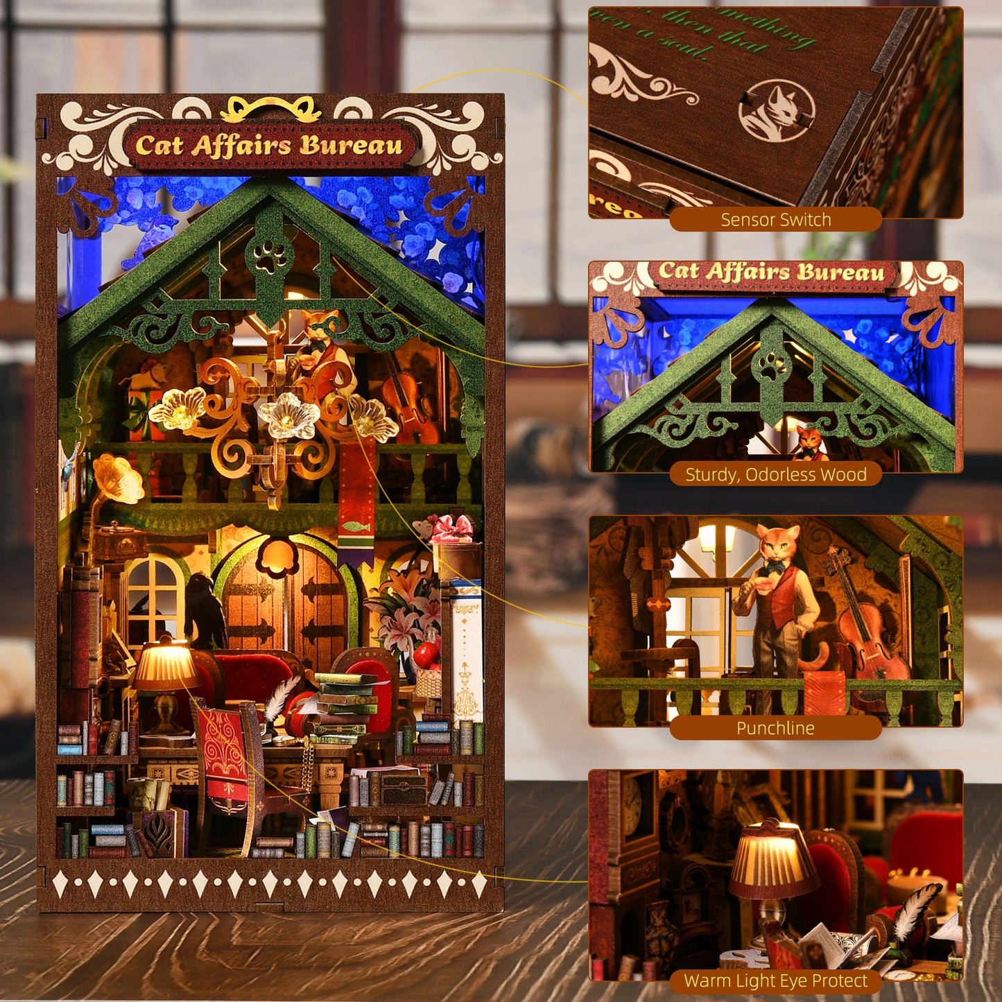 DIY Book Nook Kit, Book Nook Kits for Adults, 3D Wooden Puzzle Dollhouse Booknook Bookend, Miniature Model Building Bookshelf Insert Alley - Cat Affairs Bureau