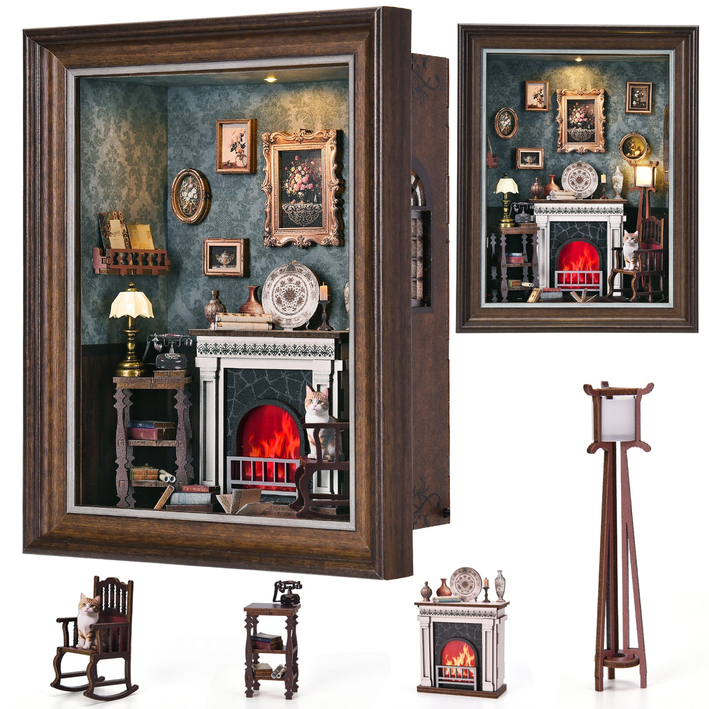 Book Nook Kit - 3D Wooden Puzzle with LED Switch Control & Wall-Mountable Frame,DIY Miniature House for Beginners,Bookshelf/Tabletop/Wall Decor for Craft Lovers,Dollhouse Gift (Fireplace)