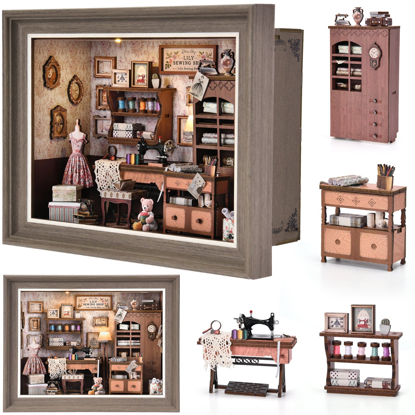 Book Nook Kit - 3D Wooden Puzzle with LED Switch Control & Wall-Mountable Frame,DIY Miniature House for Beginners,Bookshelf/Tabletop/Wall Decor for Craft Lovers,Dollhouse Gift (Lily Sewing Shop)