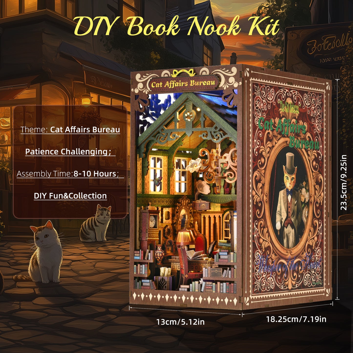 DIY Book Nook Kit, Book Nook Kits for Adults, 3D Wooden Puzzle Dollhouse Booknook Bookend, Miniature Model Building Bookshelf Insert Alley - Cat Affairs Bureau
