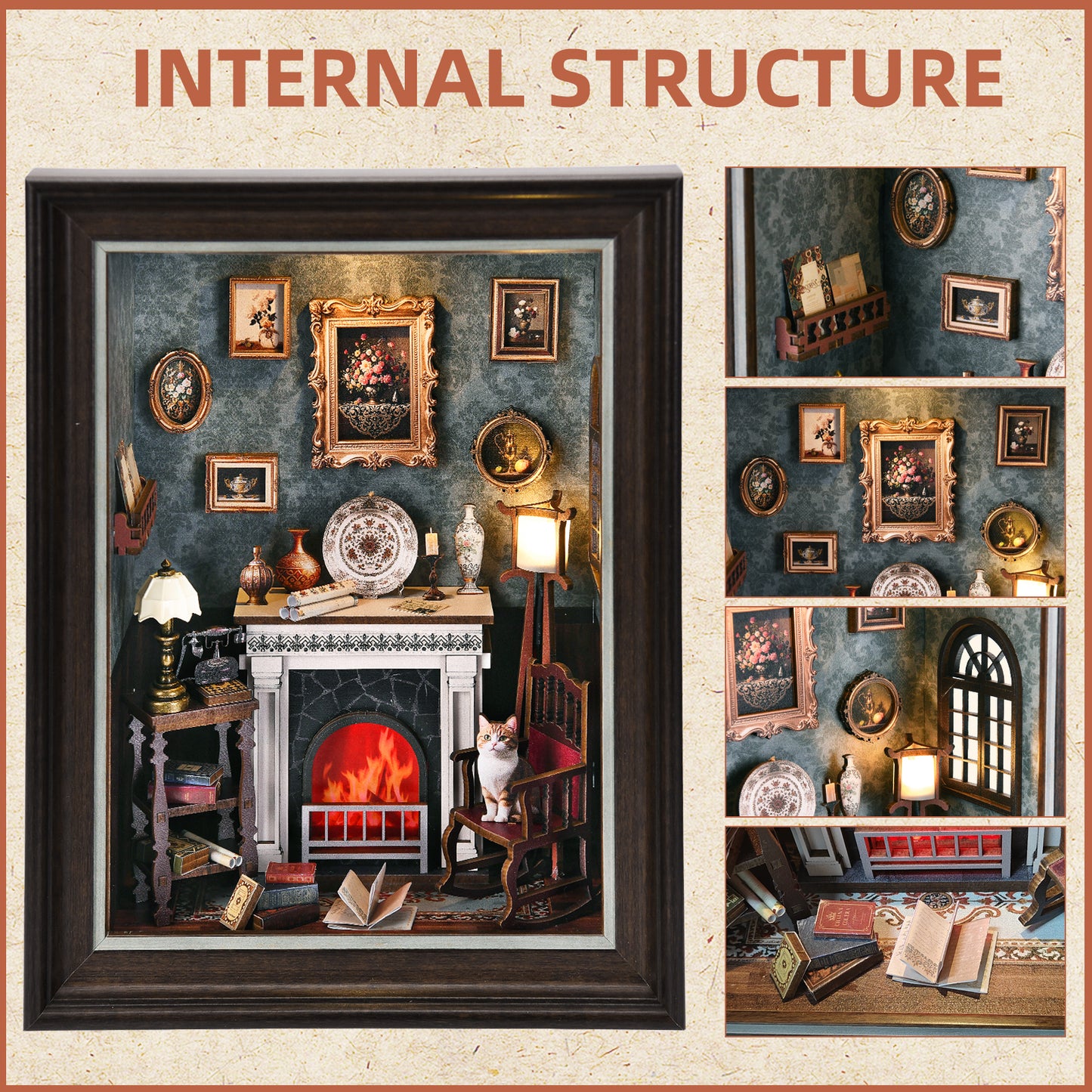 Book Nook Kit - 3D Wooden Puzzle with LED Switch Control & Wall-Mountable Frame,DIY Miniature House for Beginners,Bookshelf/Tabletop/Wall Decor for Craft Lovers,Dollhouse Gift (Fireplace)