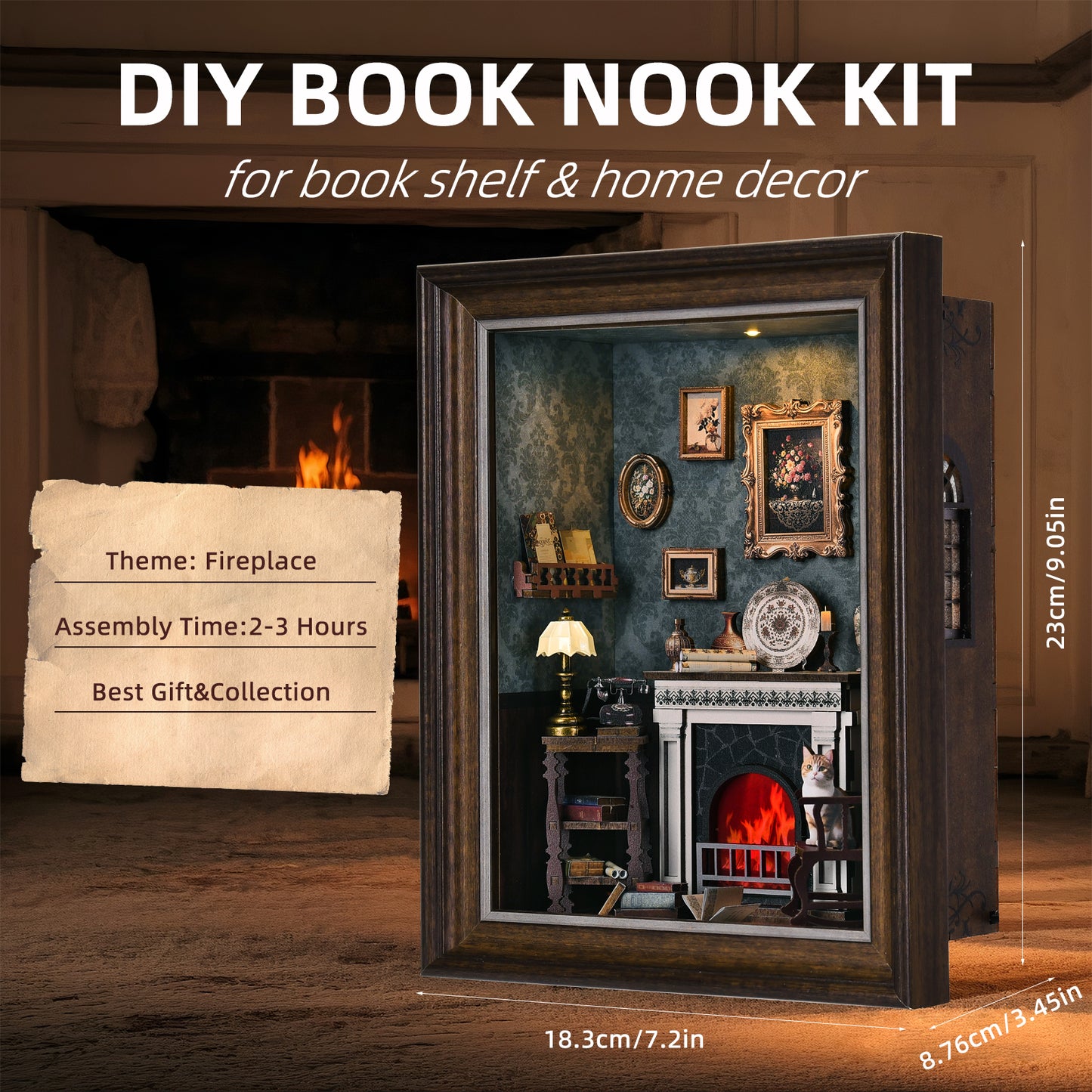 Book Nook Kit - 3D Wooden Puzzle with LED Switch Control & Wall-Mountable Frame,DIY Miniature House for Beginners,Bookshelf/Tabletop/Wall Decor for Craft Lovers,Dollhouse Gift (Fireplace)