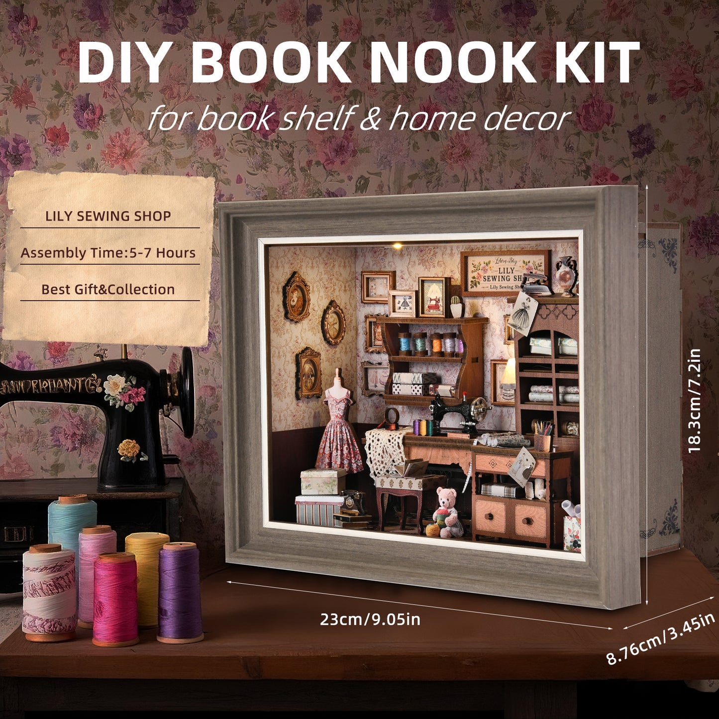 Book Nook Kit - 3D Wooden Puzzle with LED Switch Control & Wall-Mountable Frame,DIY Miniature House for Beginners,Bookshelf/Tabletop/Wall Decor for Craft Lovers,Dollhouse Gift (Lily Sewing Shop)