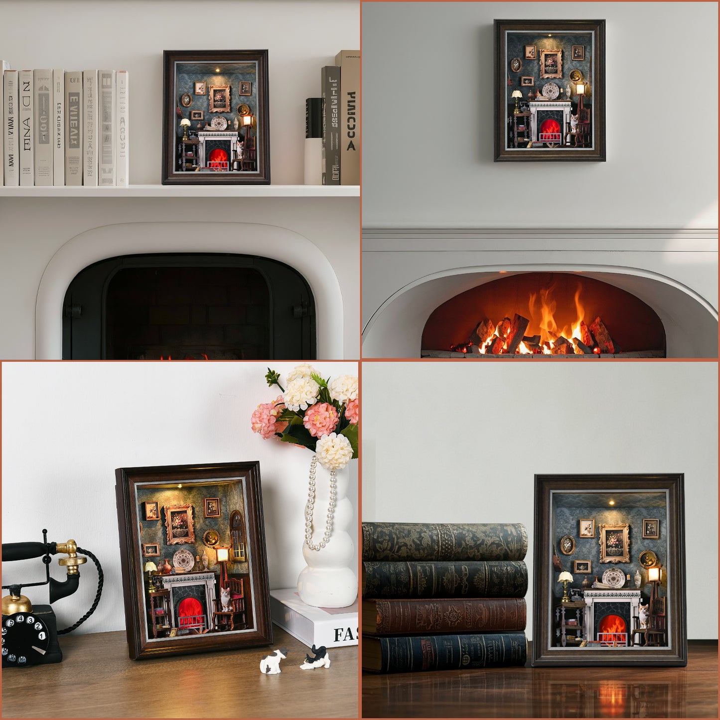 Book Nook Kit - 3D Wooden Puzzle with LED Switch Control & Wall-Mountable Frame,DIY Miniature House for Beginners,Bookshelf/Tabletop/Wall Decor for Craft Lovers,Dollhouse Gift (Fireplace)