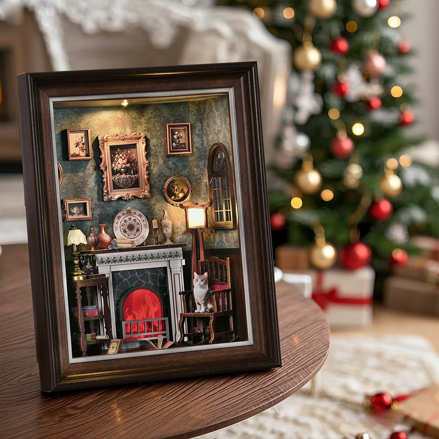 Book Nook Kit - 3D Wooden Puzzle with LED Switch Control & Wall-Mountable Frame,DIY Miniature House for Beginners,Bookshelf/Tabletop/Wall Decor for Craft Lovers,Dollhouse Gift (Fireplace)