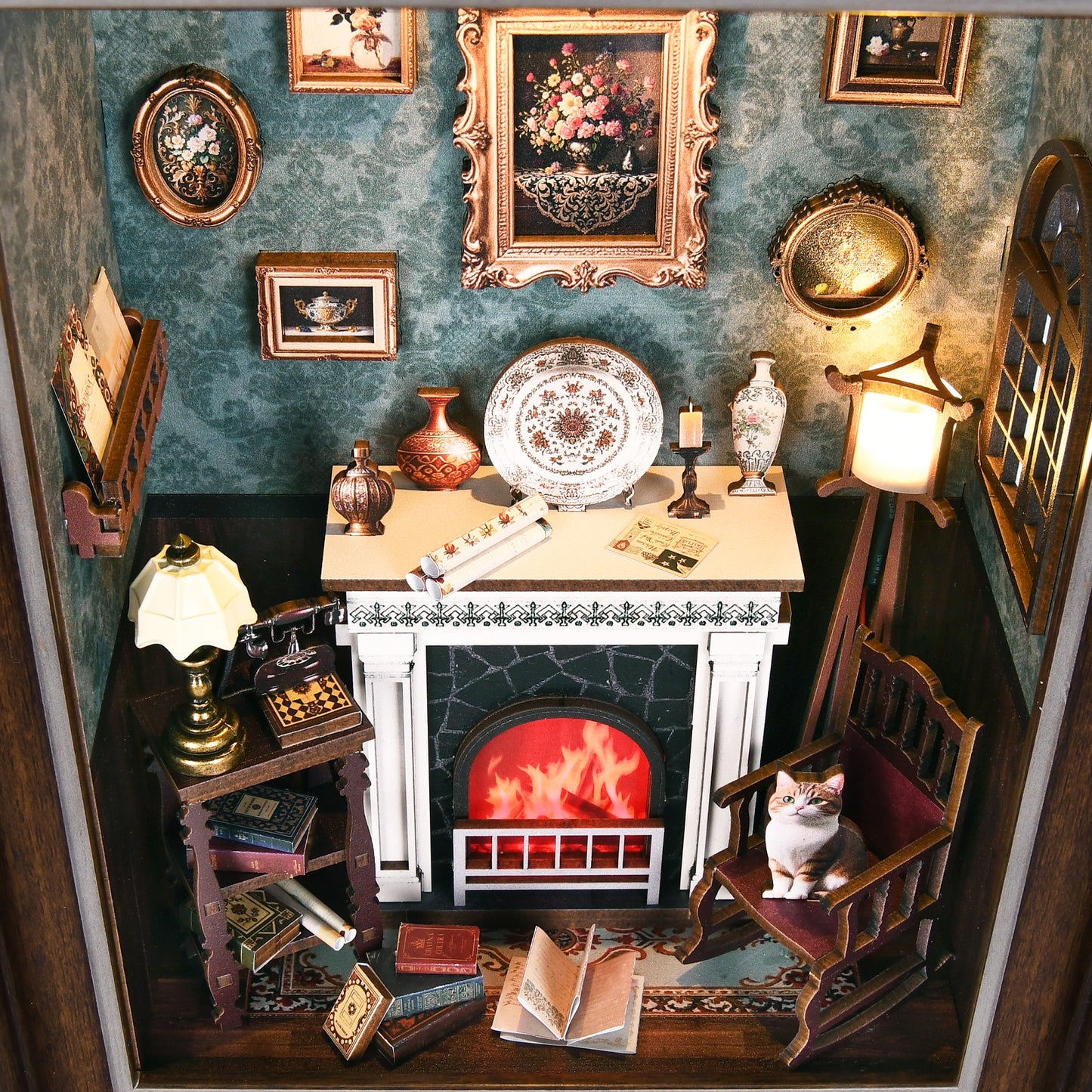 Book Nook Kit - 3D Wooden Puzzle with LED Switch Control & Wall-Mountable Frame,DIY Miniature House for Beginners,Bookshelf/Tabletop/Wall Decor for Craft Lovers,Dollhouse Gift (Fireplace)