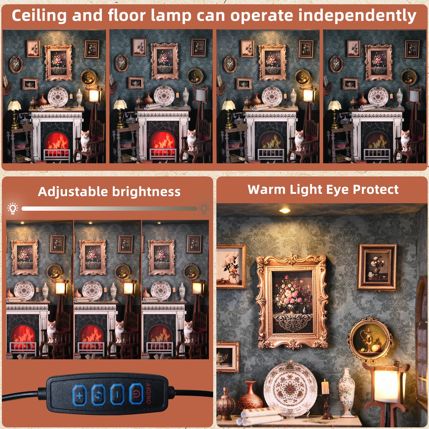 Book Nook Kit - 3D Wooden Puzzle with LED Switch Control & Wall-Mountable Frame,DIY Miniature House for Beginners,Bookshelf/Tabletop/Wall Decor for Craft Lovers,Dollhouse Gift (Fireplace)