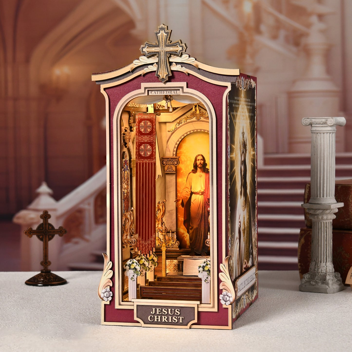 Book Nook DIY Kit,3D Wooden Puzzle with LED Bookend Bookshelf Decoration,Miniature Doll House for Home Decor, Jesus Christ Spiritual Gift,Cathedral