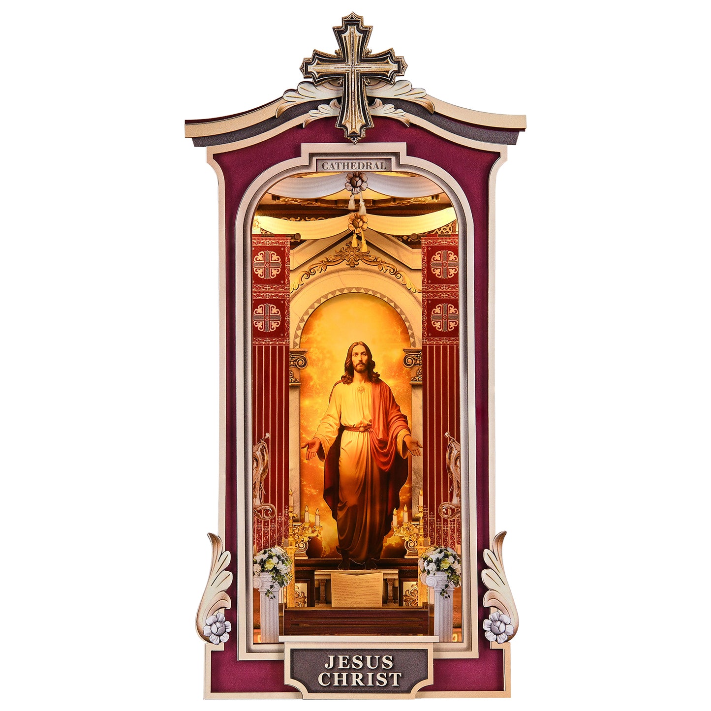 Book Nook DIY Kit,3D Wooden Puzzle with LED Bookend Bookshelf Decoration,Miniature Doll House for Home Decor, Jesus Christ Spiritual Gift,Cathedral