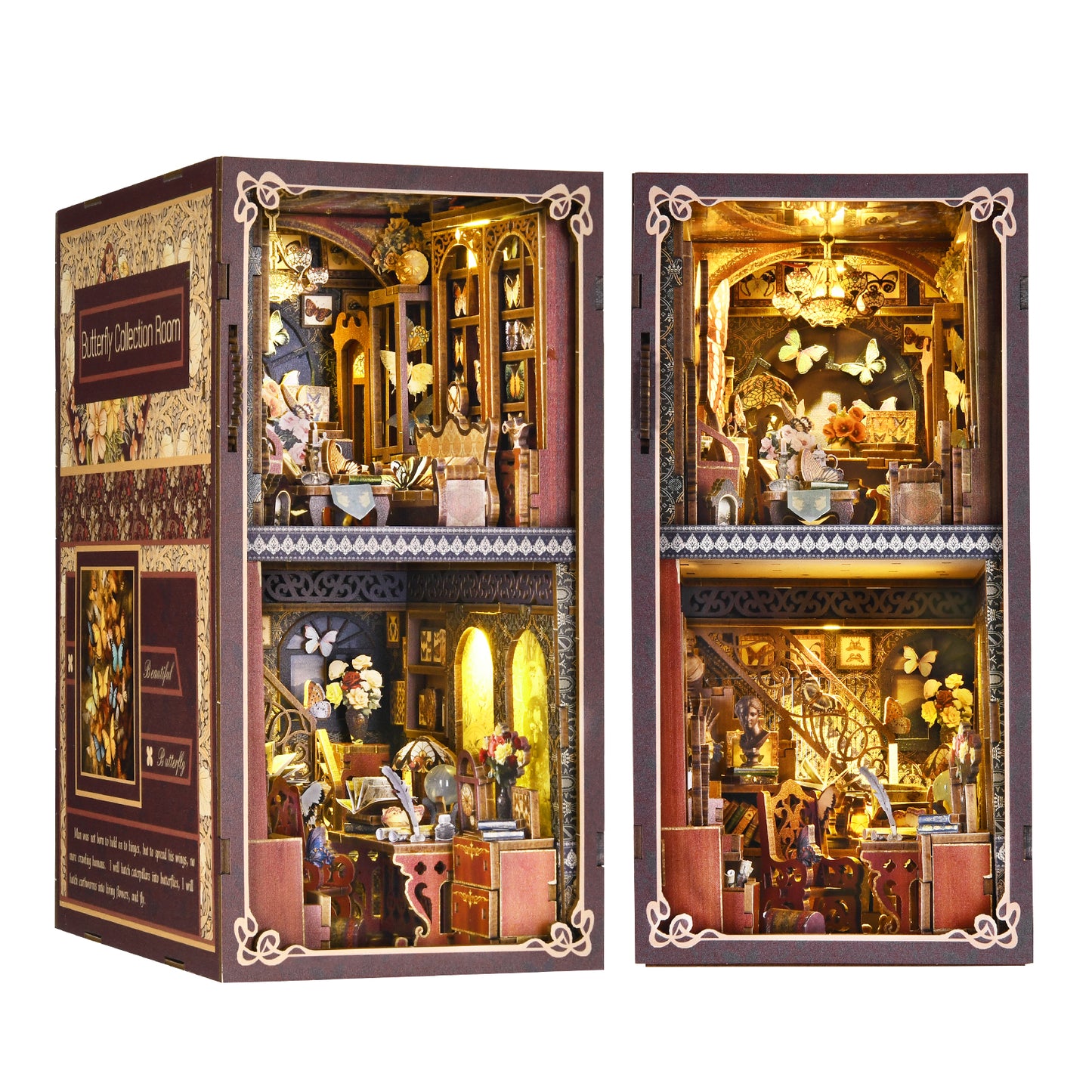 Book Nook Kit, 3D Wooden Puzzle Miniature Dollhouse, Booknook Kit Bookend Bookshelf Insert Decor with LED Light for Adults and Teens (Butterfly Collection Room)