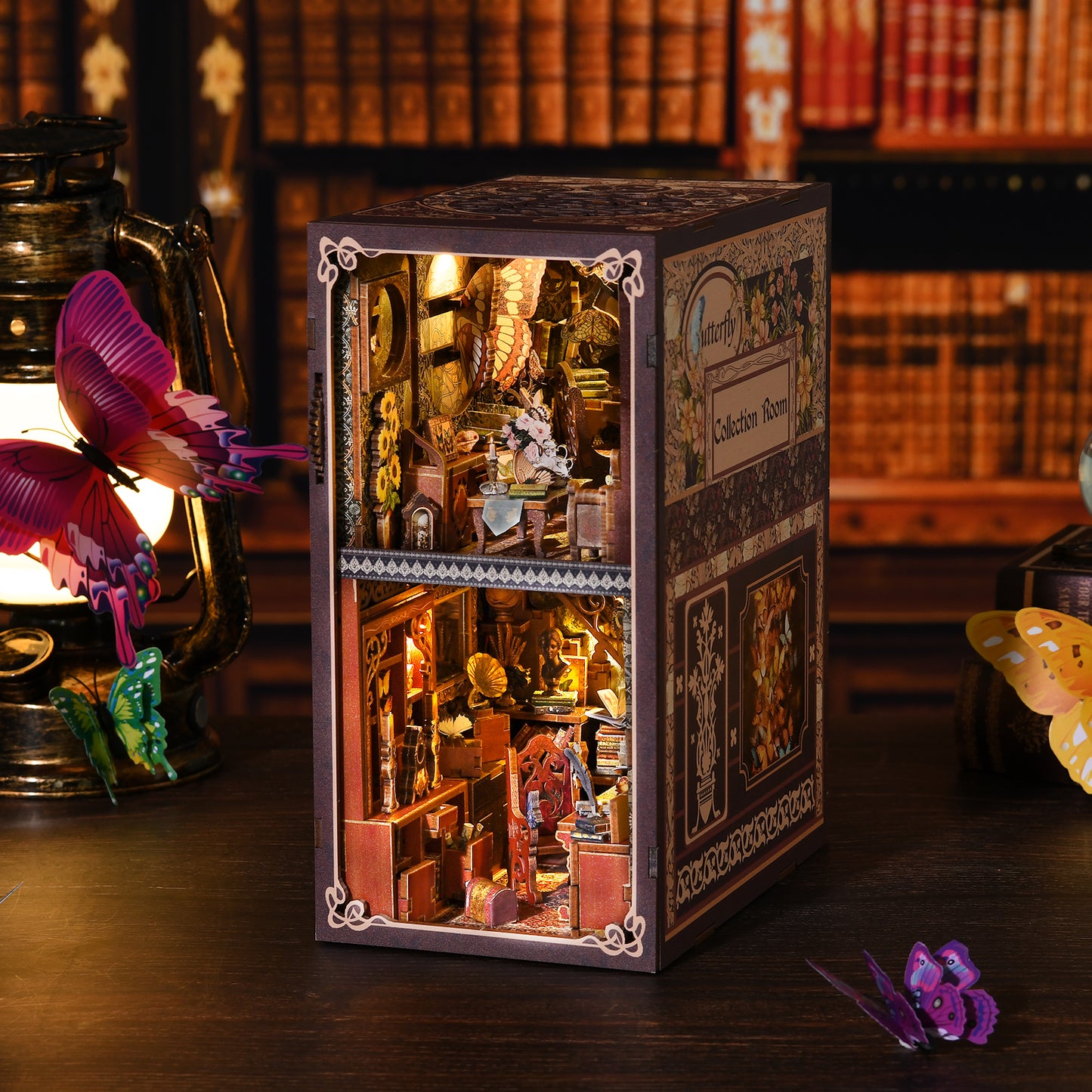 Book Nook Kit, 3D Wooden Puzzle Miniature Dollhouse Kit, Booknook Bookend Bookshelf Insert Home Decor with LED Light for Adults and Teens (Butterfly Collection Room)