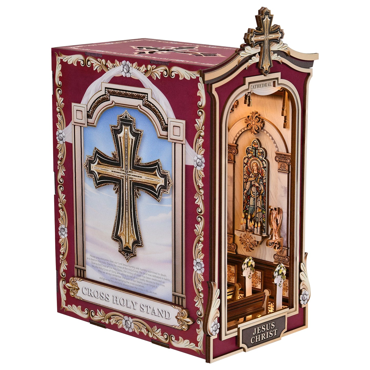Book Nook DIY Kit,3D Wooden Puzzle with LED Bookend Bookshelf Decoration,Miniature Doll House for Home Decor, Jesus Christ Spiritual Gift,Cathedral