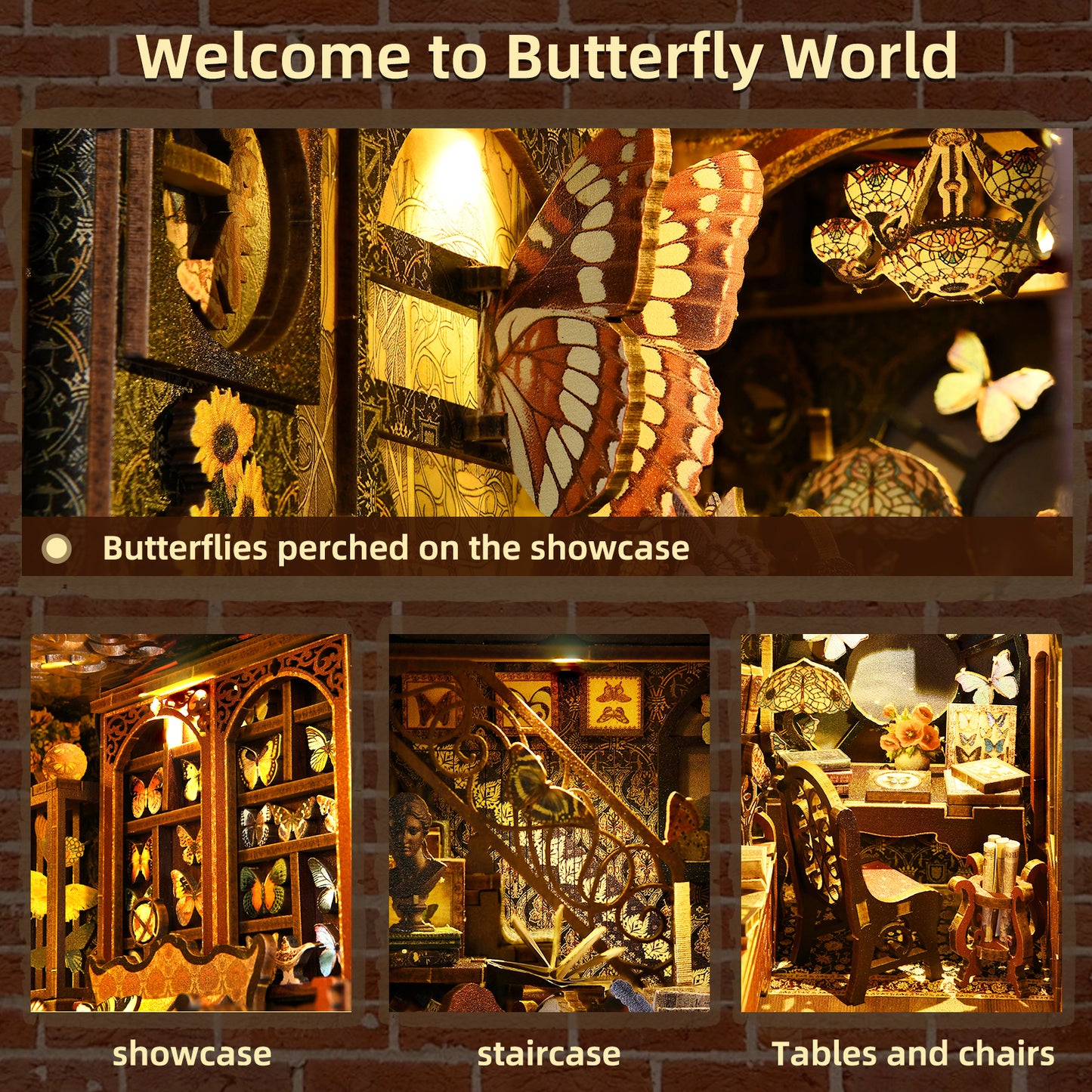 Book Nook Kit, 3D Wooden Puzzle Miniature Dollhouse Kit, Booknook Bookend Bookshelf Insert Home Decor with LED Light for Adults and Teens (Butterfly Collection Room)