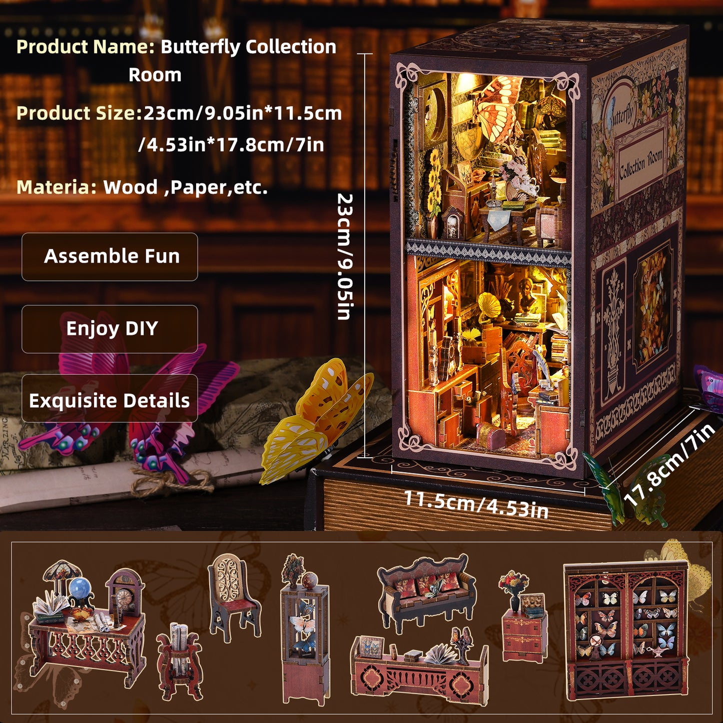 Book Nook Kit, 3D Wooden Puzzle Miniature Dollhouse, Booknook Kit Bookend Bookshelf Insert Decor with LED Light for Adults and Teens (Butterfly Collection Room)