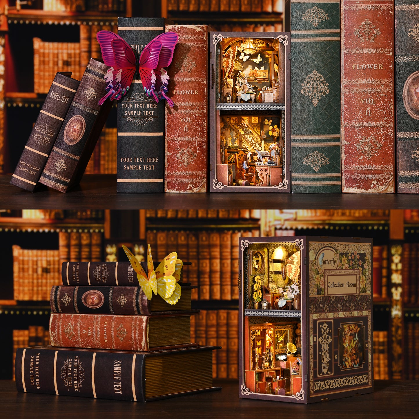 Book Nook Kit, 3D Wooden Puzzle Miniature Dollhouse Kit, Booknook Bookend Bookshelf Insert Home Decor with LED Light for Adults and Teens (Butterfly Collection Room)