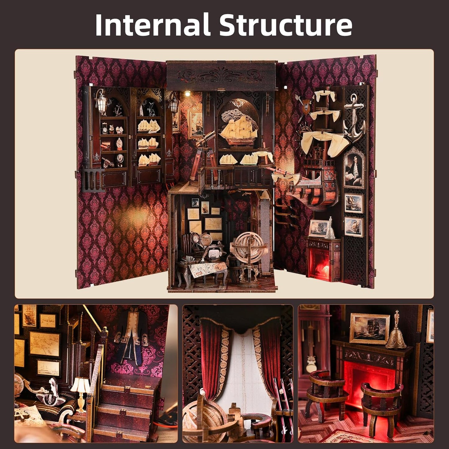 Book Nook Kit, Book Nook Kits for Adults and Teens, DIY Miniature Dollhouse Kit 3D Wooden Puzzle Booknook Bookend with LED Light( Voyage Memories)