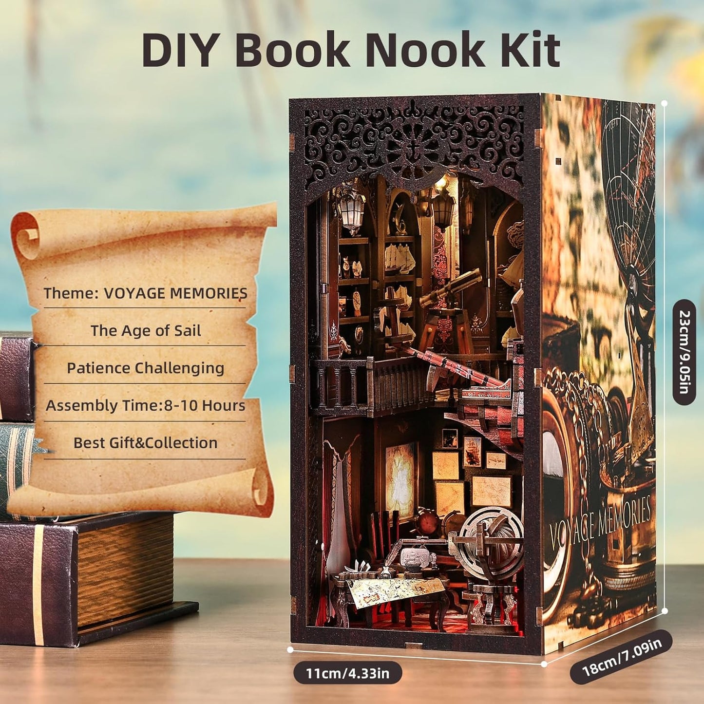 Book Nook Kit, Book Nook Kits for Adults and Teens, DIY Miniature Dollhouse Kit 3D Wooden Puzzle Booknook Bookend with LED Light( Voyage Memories)