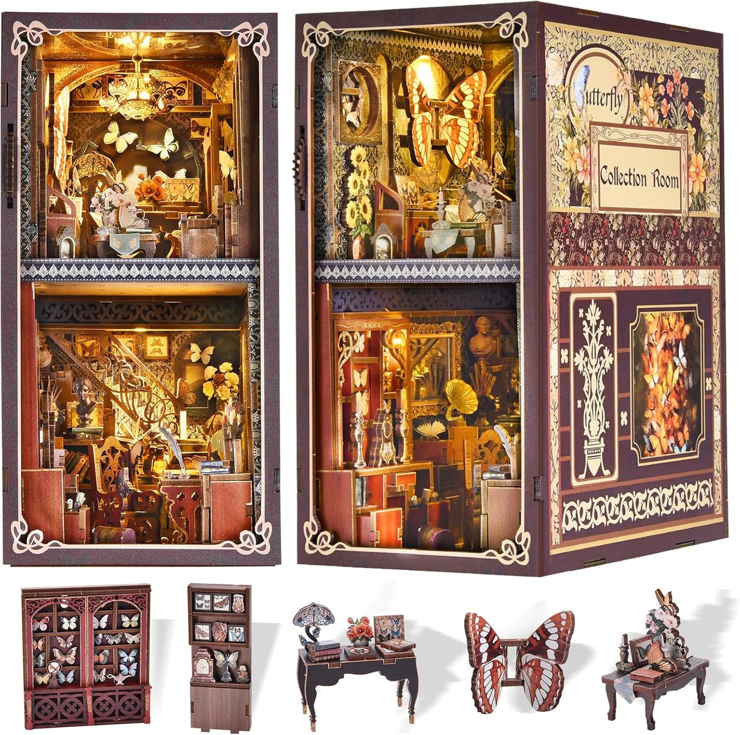 Book Nook Kit, 3D Wooden Puzzle Miniature Dollhouse, Booknook Kit Bookend Bookshelf Insert Decor with LED Light for Adults and Teens (Butterfly Collection Room)