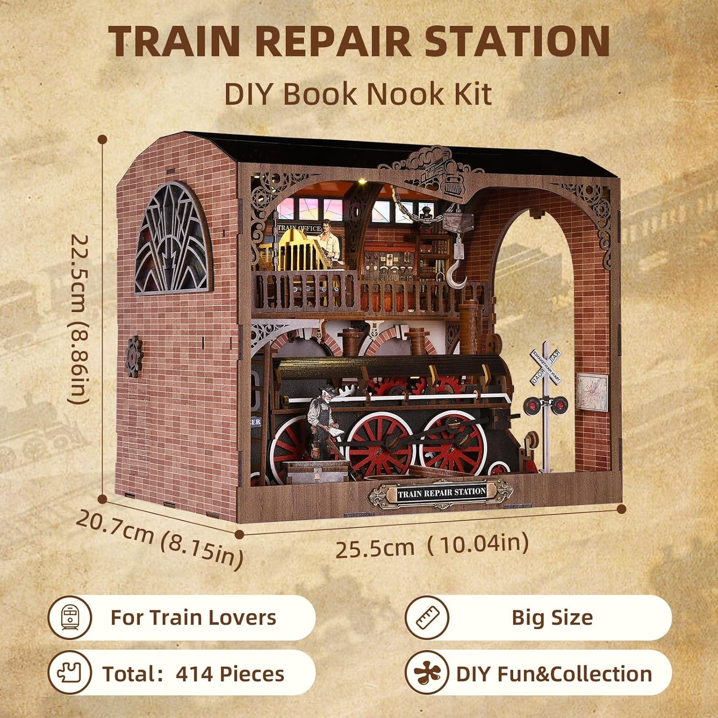 Book Nook Kit, Book Nook Kits for Adults and Teens, DIY Miniature Dollhouse Kit 3D Wooden Puzzle Booknook Bookend with LED Light(Train Repair Station)