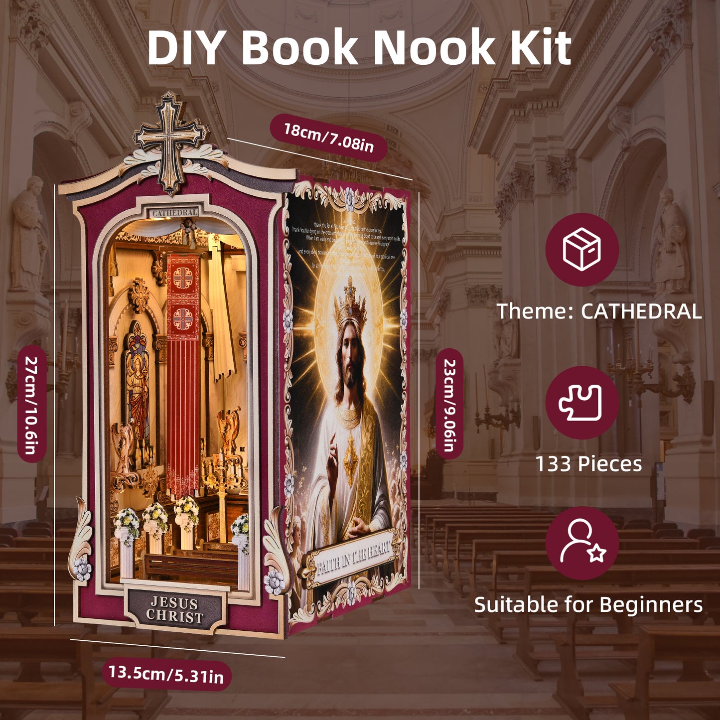 Book Nook DIY Kit,3D Wooden Puzzle with LED Bookend Bookshelf Decoration,Miniature Doll House for Home Decor, Jesus Christ Spiritual Gift,Cathedral