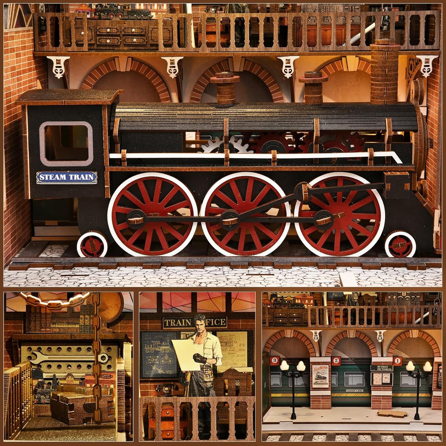 Book Nook Kit, Book Nook Kits for Adults and Teens, DIY Miniature Dollhouse Kit 3D Wooden Puzzle Booknook Bookend with LED Light(Train Repair Station)