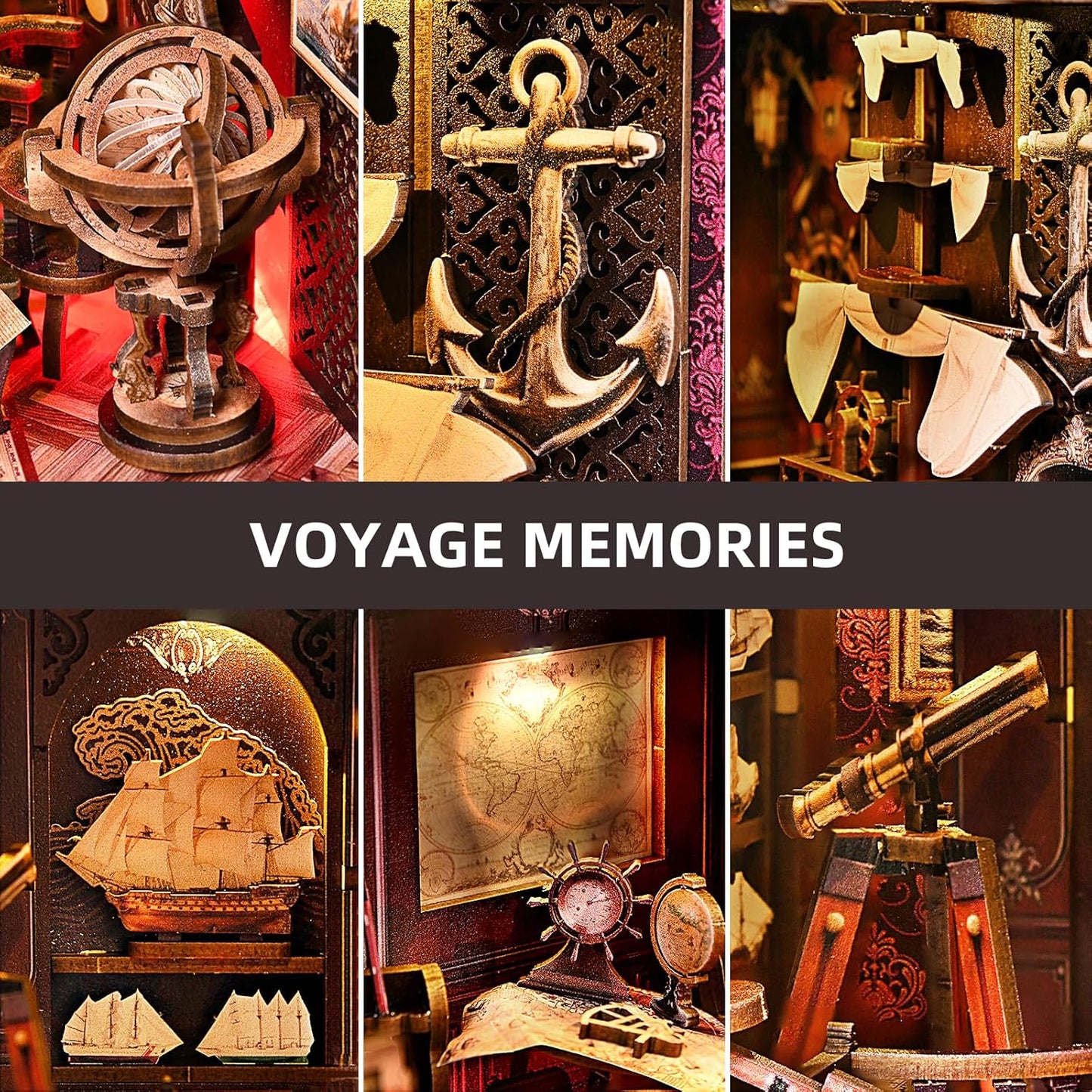 Book Nook Kit, Book Nook Kits for Adults and Teens, DIY Miniature Dollhouse Kit 3D Wooden Puzzle Booknook Bookend with LED Light( Voyage Memories)