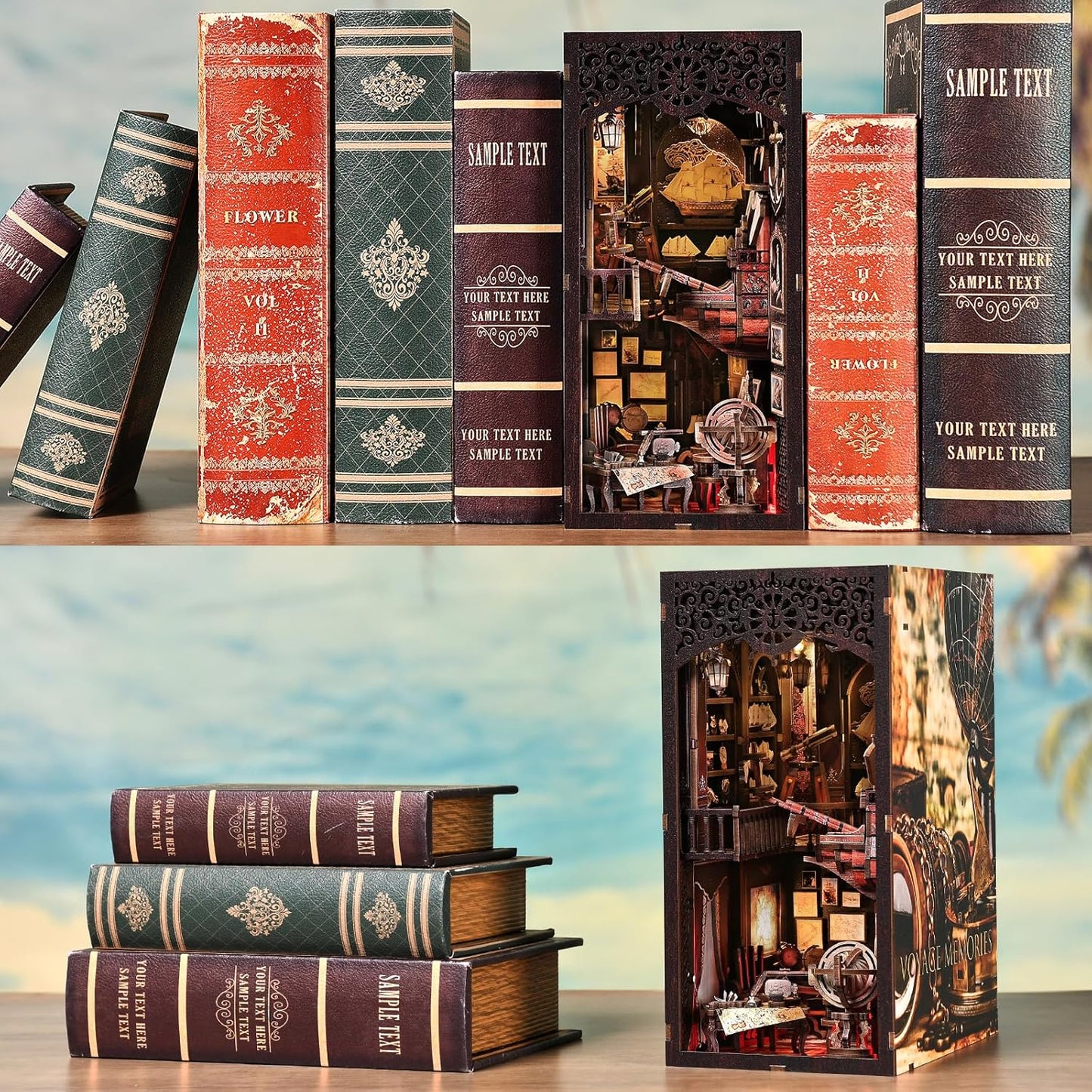 Book Nook Kit, Book Nook Kits for Adults and Teens, DIY Miniature Dollhouse Kit 3D Wooden Puzzle Booknook Bookend with LED Light( Voyage Memories)