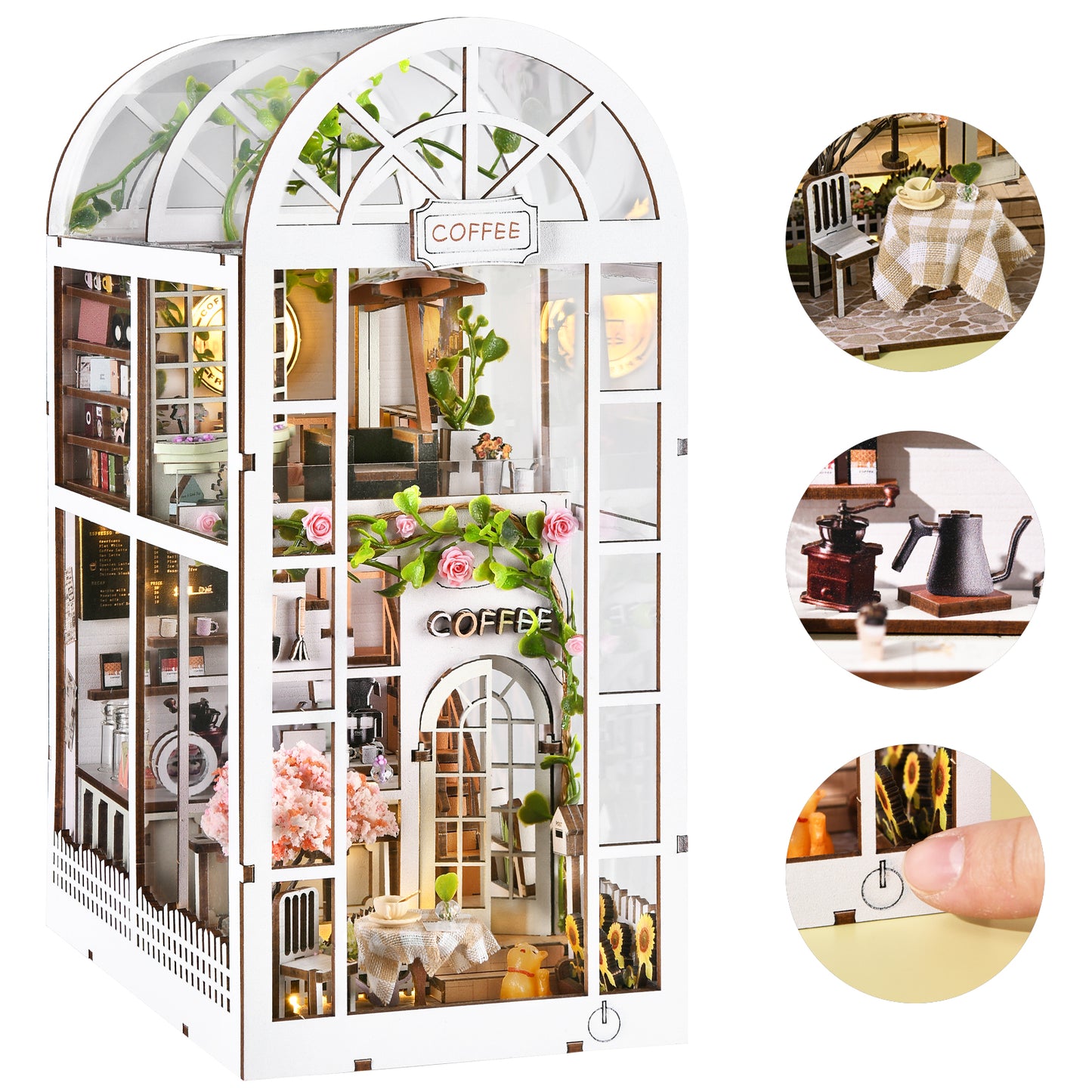 Book Nook Kit, Book Nook Kits for Adults,DIY Miniature Dollhouse Kit 3D Wooden Puzzle Booknook Bookend with LED Light,Coffee House