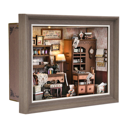 Book Nook Kit - 3D Wooden Puzzle with LED Switch Control & Wall-Mountable Frame，DIY Miniature House for Beginners，Bookshelf/Tabletop/Wall Decor for Craft Lovers，Dollhouse Gift (Lily Sewing Shop)