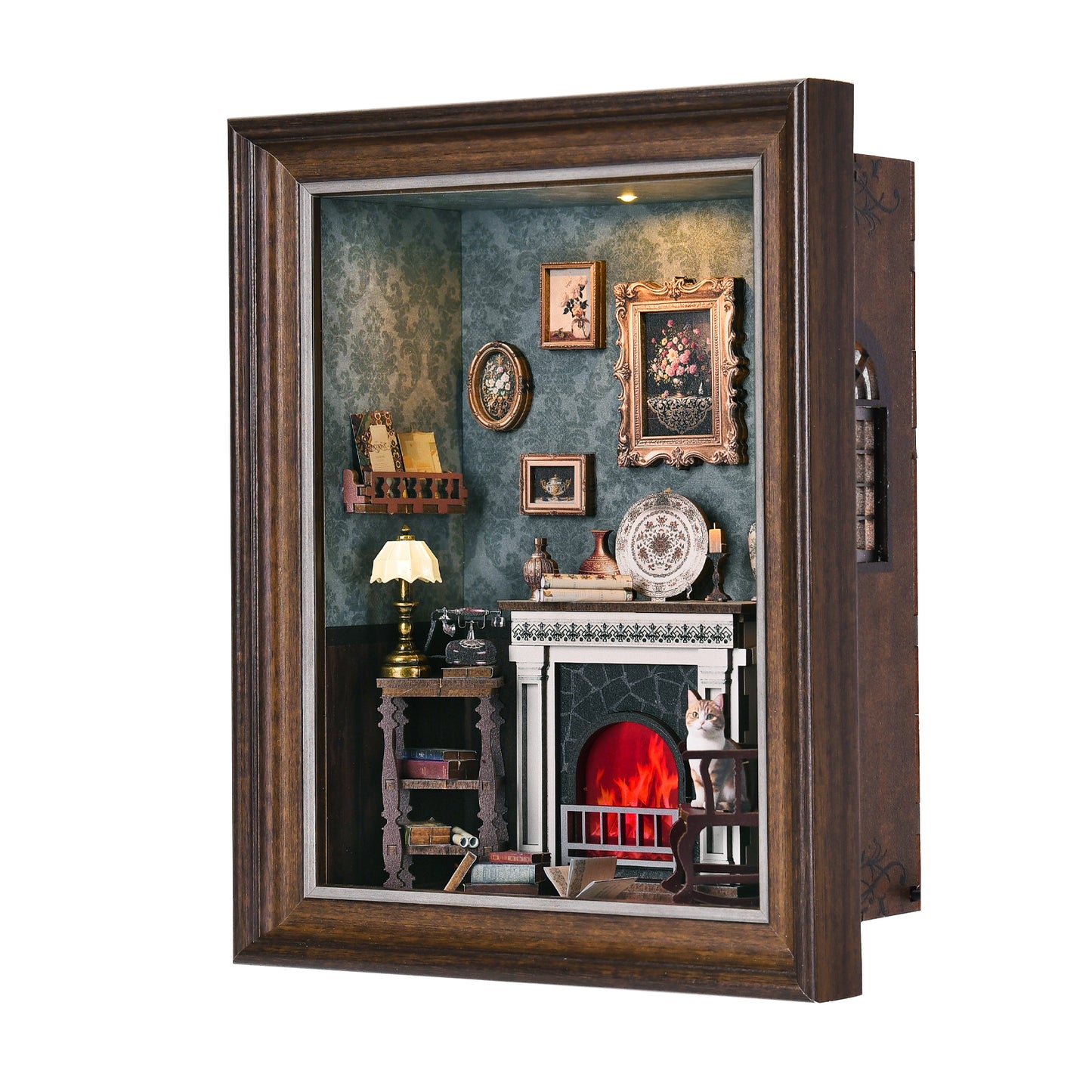 Book Nook Kit - 3D Wooden Puzzle with LED Switch Control & Wall-Mountable Frame，DIY Miniature House for Beginners，Bookshelf/Tabletop/Wall Decor for Craft Lovers，Dollhouse Gift (Fireplace)