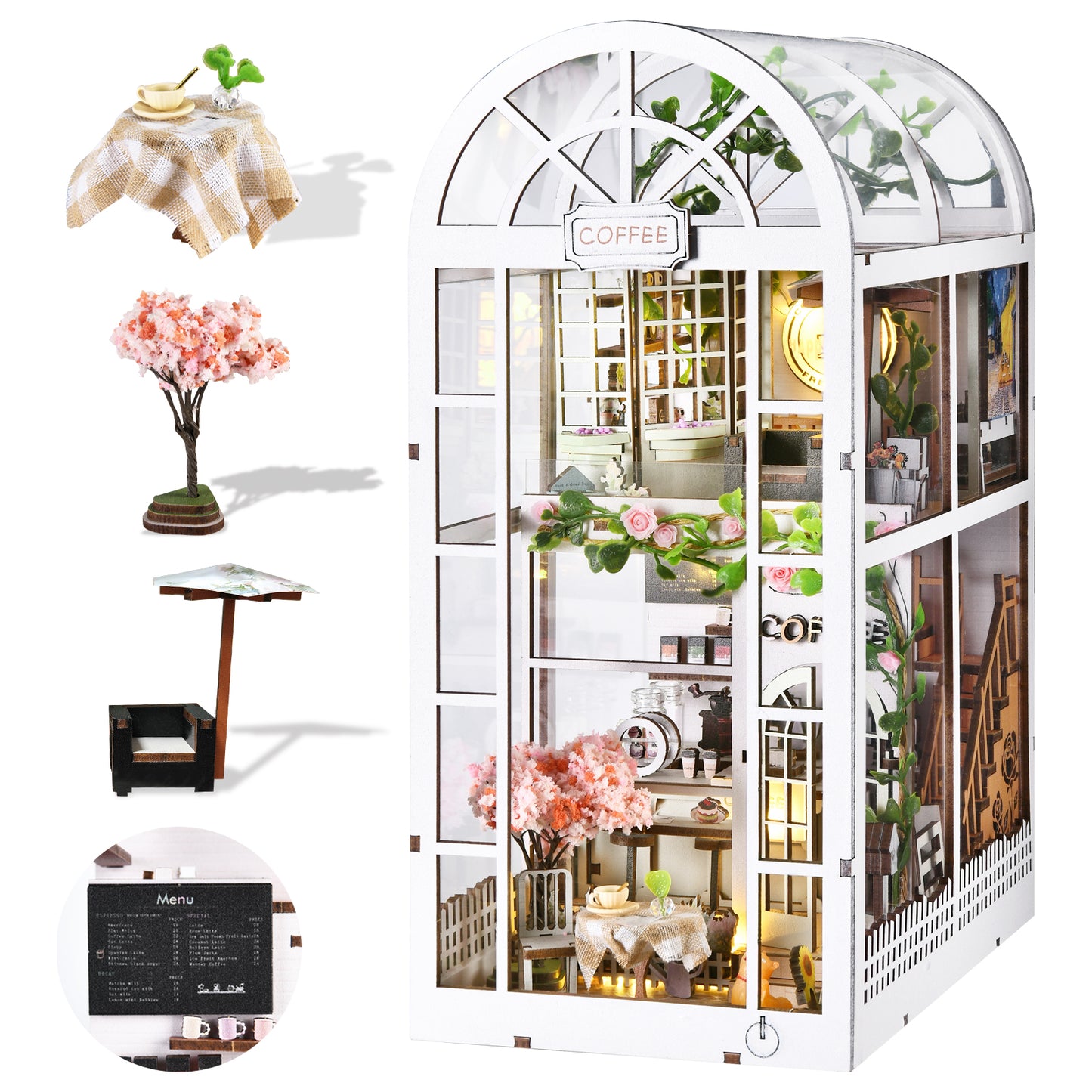 Book Nook Kit, Book Nook Kits for Adults,DIY Miniature Dollhouse Kit 3D Wooden Puzzle Booknook Bookend with LED Light,Coffee House