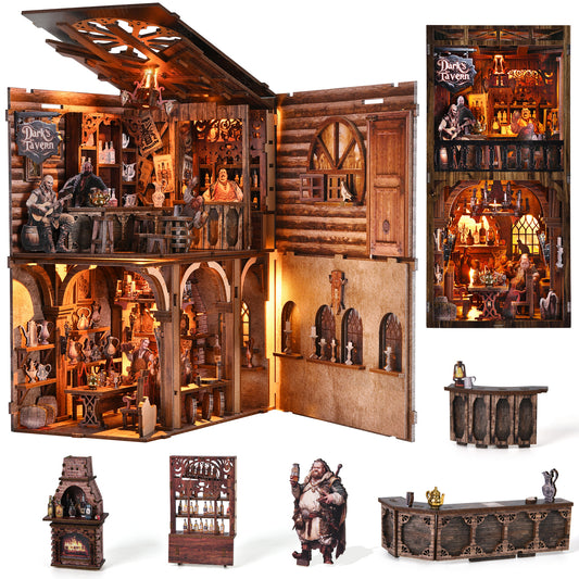 DIY Book Nook Kit, Book Nook Kits for Adults, 3D Wooden Puzzle Dollhouse Booknook Bookend, Miniature Model Building Bookshelf Insert Alley - The Ancient Bar