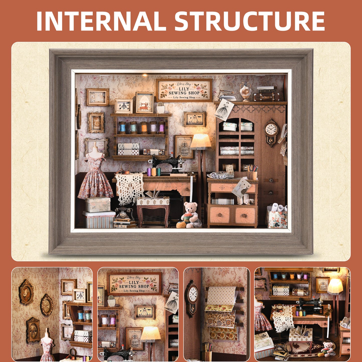 Book Nook Kit - 3D Wooden Puzzle with LED Switch Control & Wall-Mountable Frame，DIY Miniature House for Beginners，Bookshelf/Tabletop/Wall Decor for Craft Lovers，Dollhouse Gift (Lily Sewing Shop)