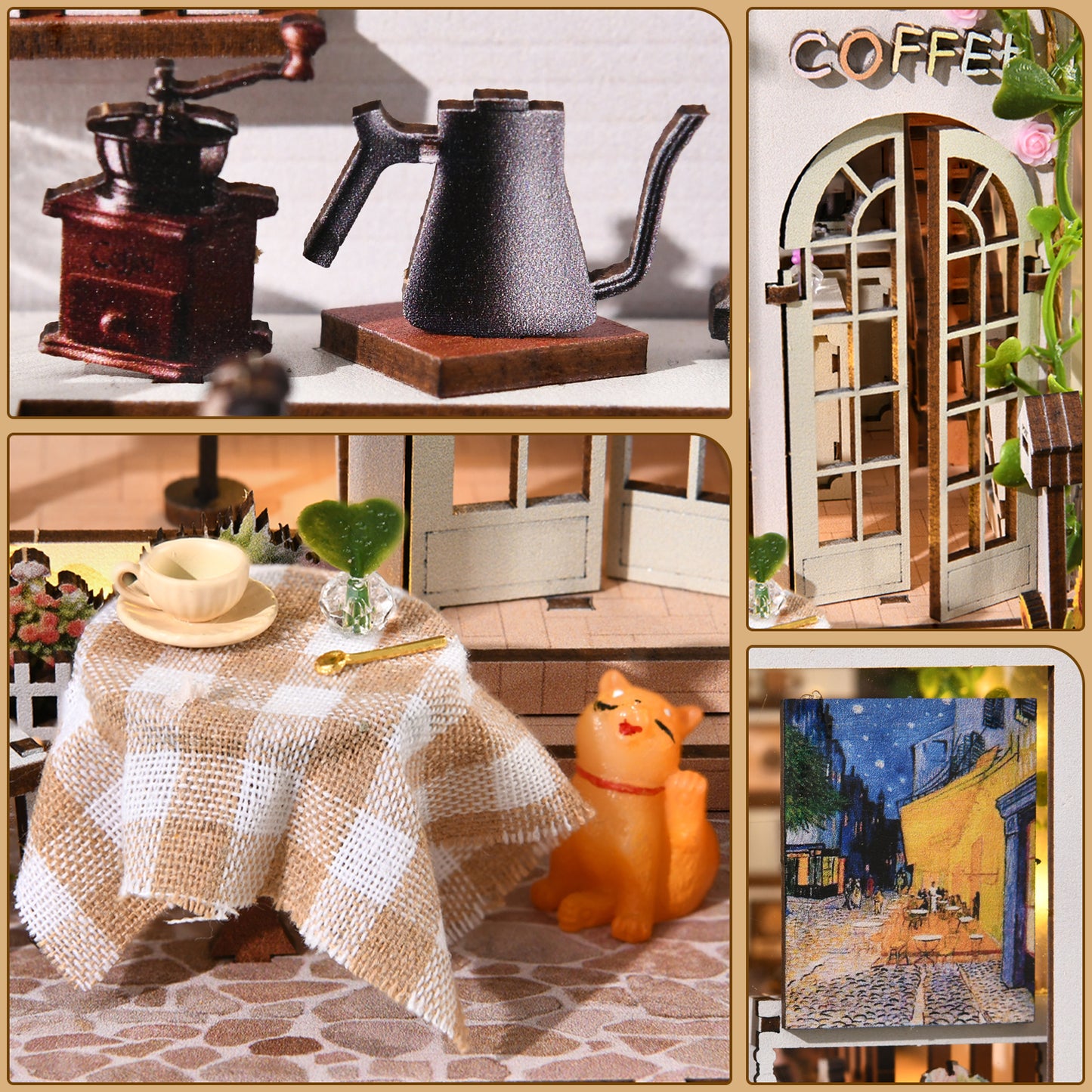 Book Nook Kit, Book Nook Kits for Adults,DIY Miniature Dollhouse Kit 3D Wooden Puzzle Booknook Bookend with LED Light,Coffee House