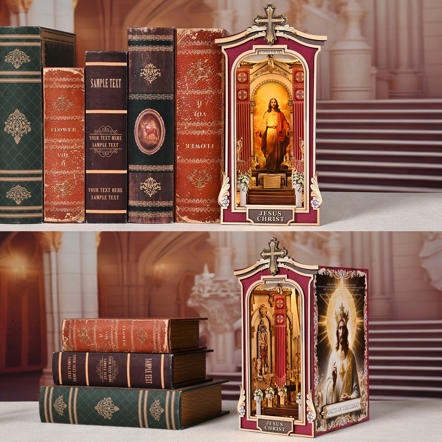 Book Nook DIY Kit,3D Wooden Puzzle with LED Bookend Bookshelf Decoration,Miniature Doll House for Home Decor, Jesus Christ Spiritual Gift,Cathedral