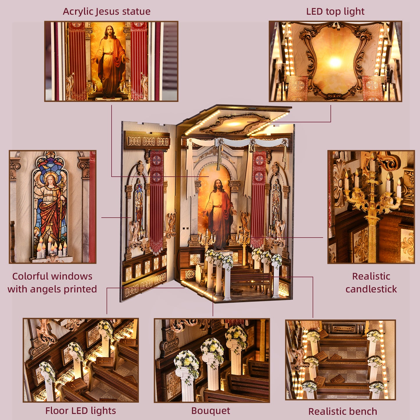 Book Nook DIY Kit,3D Wooden Puzzle with LED Bookend Bookshelf Decoration,Miniature Doll House for Home Decor, Jesus Christ Spiritual Gift,Cathedral