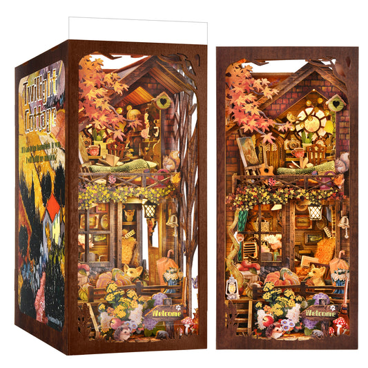 Book Nook Kit, Book Nook Kits for Adults DIY Booknook Model Build, DIY 3D Wooden Puzzle Bookend Booknook Bookshelf Insert Miniature Dollhouse Kit for Home Decoration - Twilight Cottage