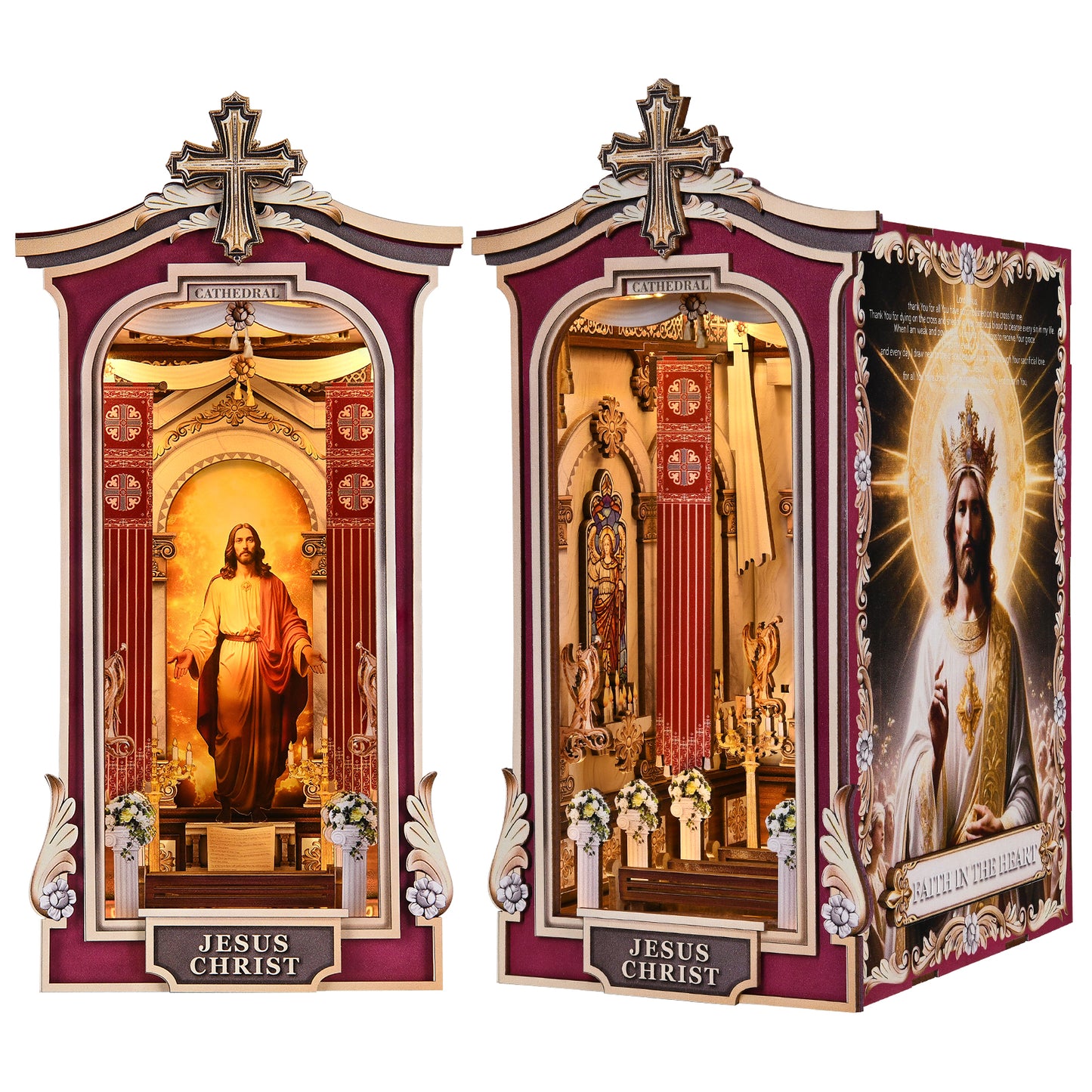 Book Nook DIY Kit,3D Wooden Puzzle with LED Bookend Bookshelf Decoration,Miniature Doll House for Home Decor, Jesus Christ Spiritual Gift,Cathedral