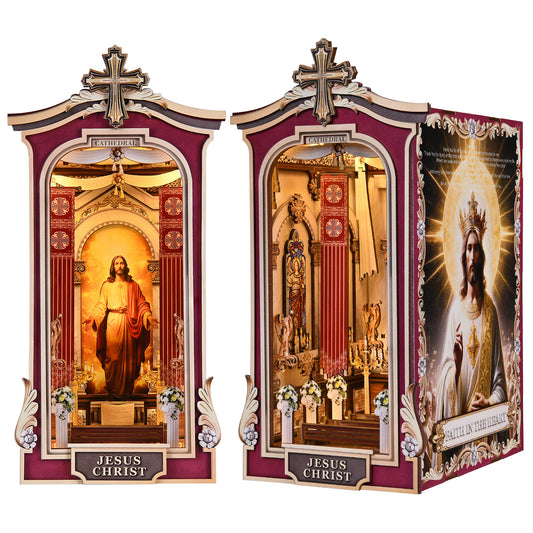 Book Nook DIY Kit,3D Wooden Puzzle with LED Bookend Bookshelf Decoration,Miniature Doll House for Home Decor, Jesus Christ Spiritual Gift,Cathedral