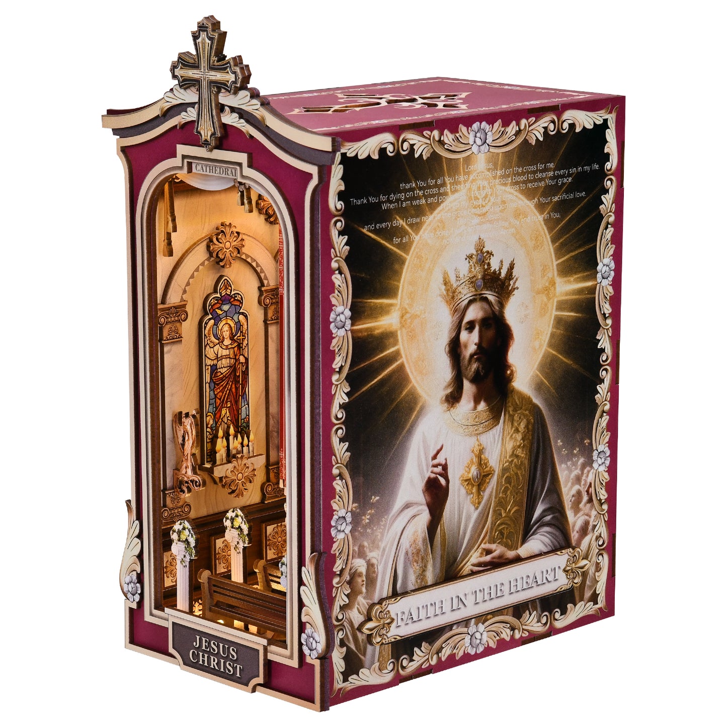 Book Nook DIY Kit,3D Wooden Puzzle with LED Bookend Bookshelf Decoration,Miniature Doll House for Home Decor, Jesus Christ Spiritual Gift,Cathedral
