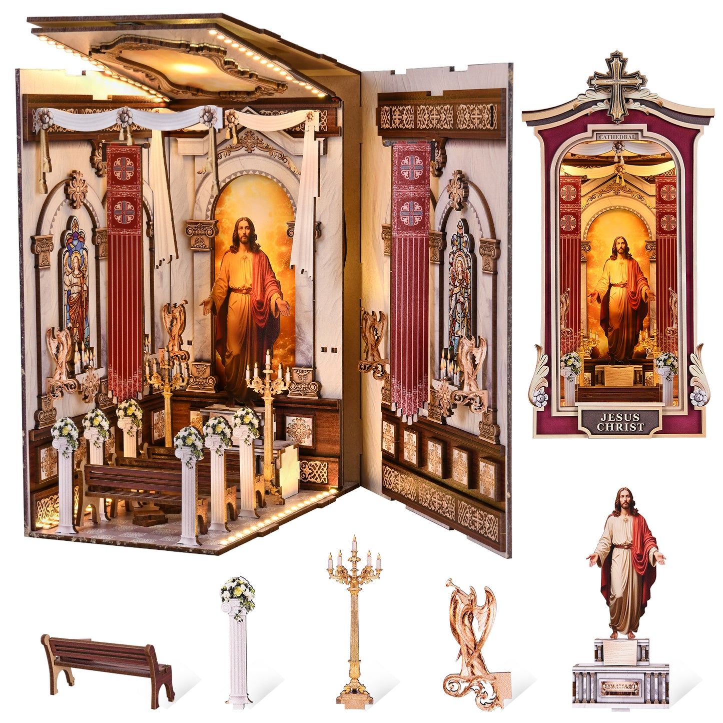 Book Nook DIY Kit,3D Wooden Puzzle with LED Bookend Bookshelf Decoration,Miniature Doll House for Home Decor, Jesus Christ Spiritual Gift,Cathedral