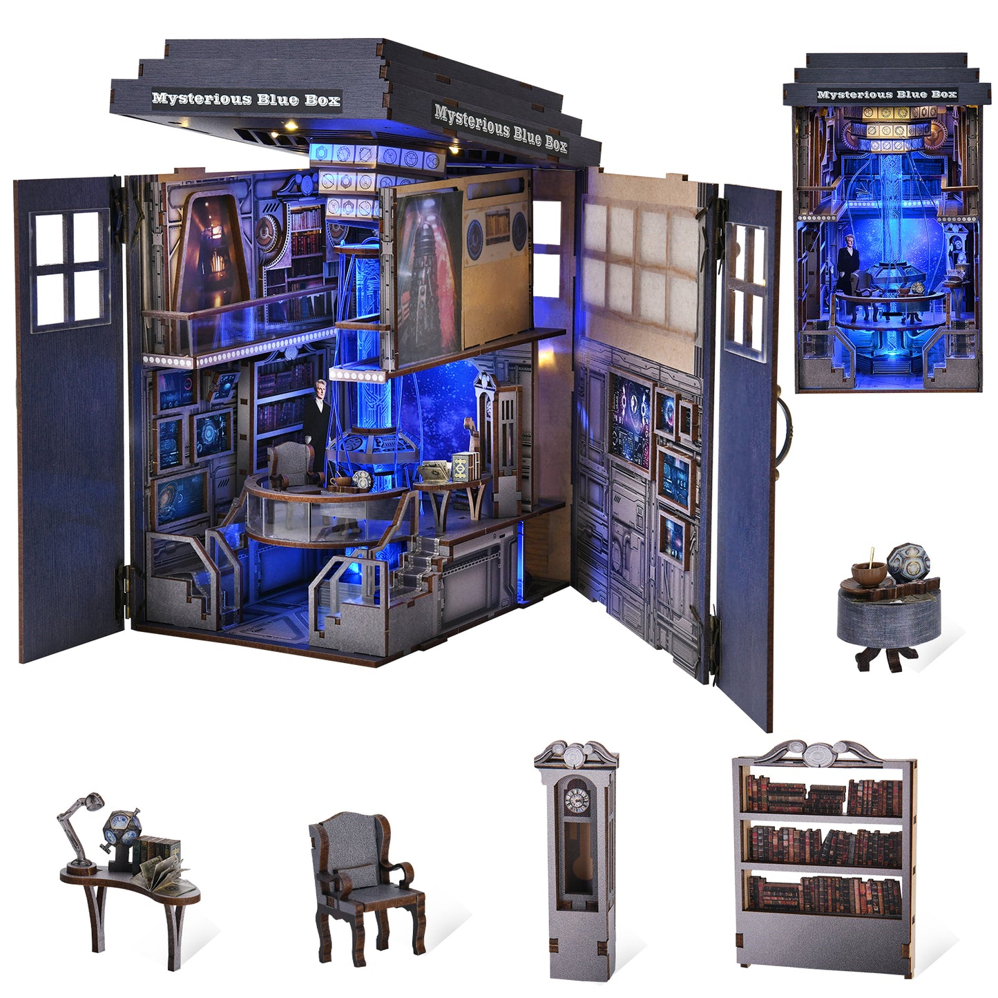 Book Nook Kit, DIY Miniature Dollhouse Kit for Adults and Teens, Booknook Tiny House Kit Bookshelf Decoration 3D Wooden Puzzle Bookend,Mysterious Blue Box