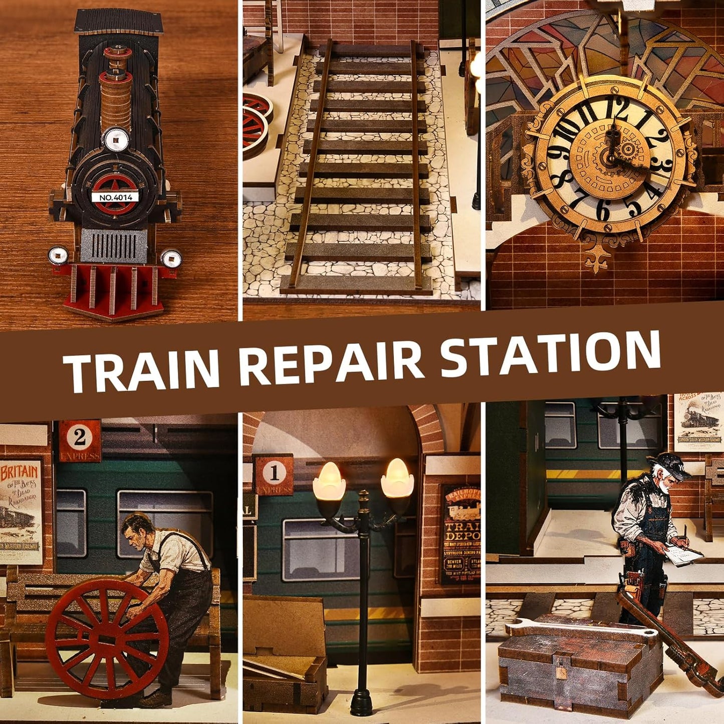 Book Nook Kit, Book Nook Kits for Adults and Teens, DIY Miniature Dollhouse Kit 3D Wooden Puzzle Booknook Bookend with LED Light(Train Repair Station)