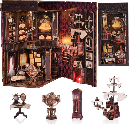 Book Nook Kit, Book Nook Kits for Adults and Teens, DIY Miniature Dollhouse Kit 3D Wooden Puzzle Booknook Bookend with LED Light( Voyage Memories)