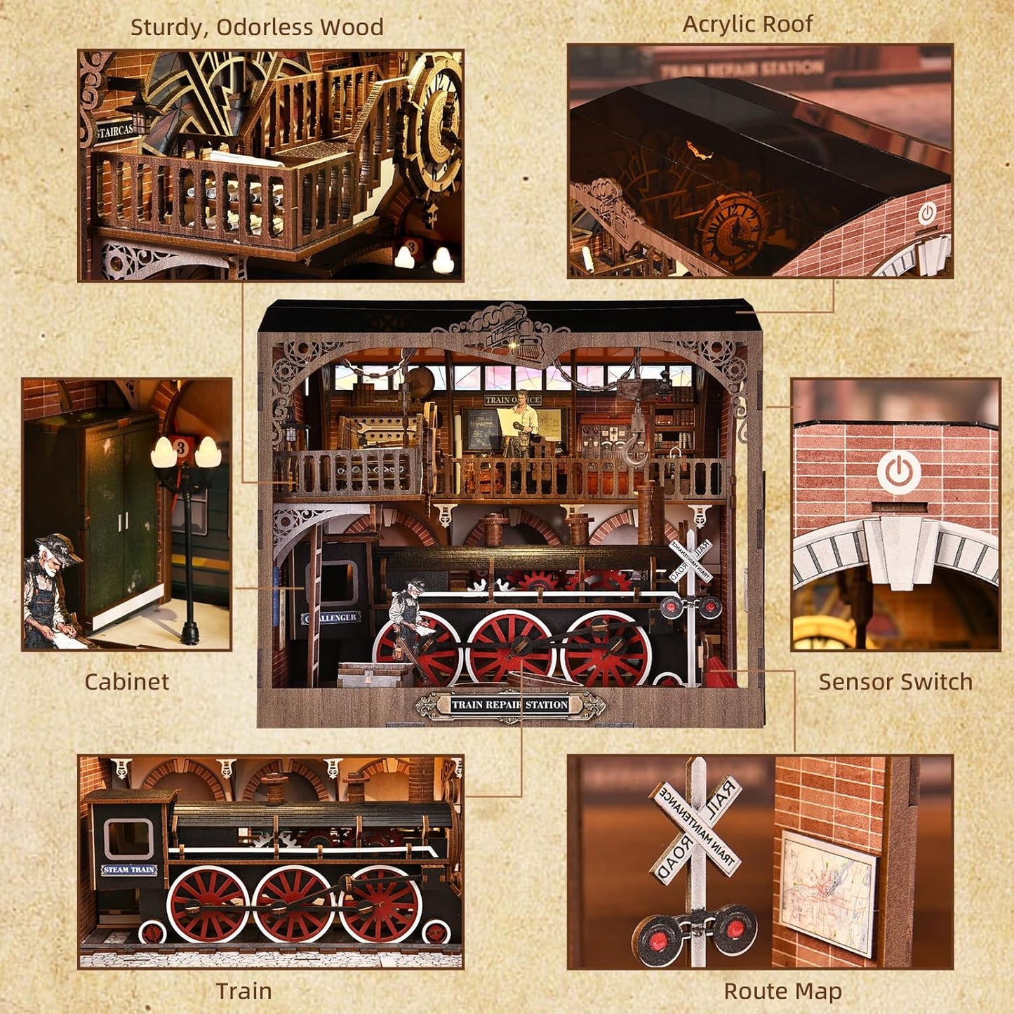 Book Nook Kit, Book Nook Kits for Adults and Teens, DIY Miniature Dollhouse Kit 3D Wooden Puzzle Booknook Bookend with LED Light(Train Repair Station)